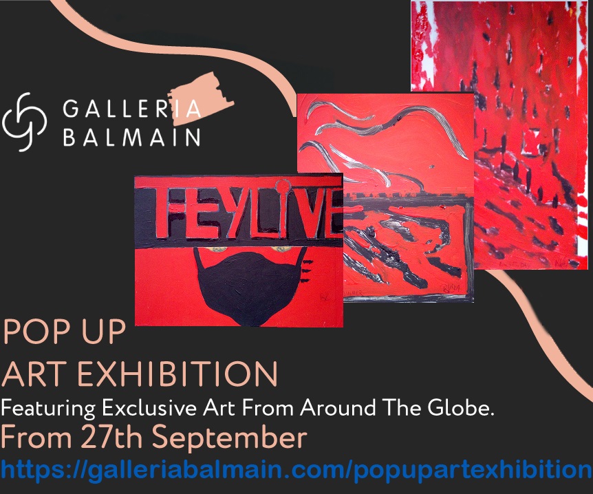 Galleria Balmain inv Sept. 2021 Roland Kaiser web - THEYLiVE MaSK_ART Acrylic & Marker on Cardboard & Canvas on the left 25x 30 cms.